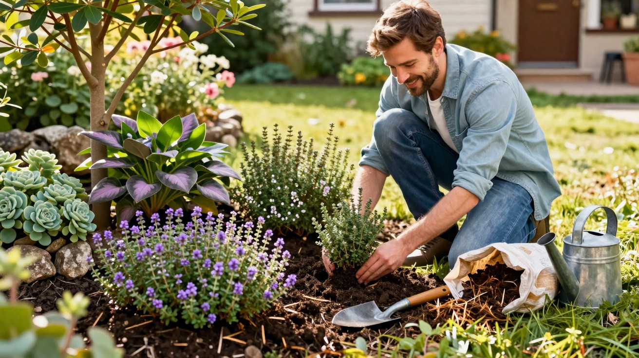 Homem a plantar ervas aromáticas num jardim, rodeado de plantas e flores coloridas.