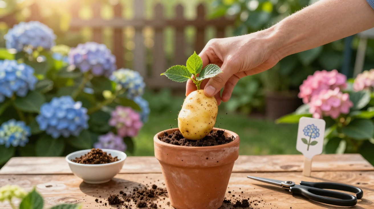 Mão a plantar batata num vaso de barro com hortênsias azuis e rosa ao fundo num jardim.