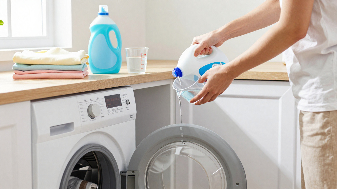 Pessoa a medir detergente líquido para usar numa máquina de lavar roupa branca com porta aberta.