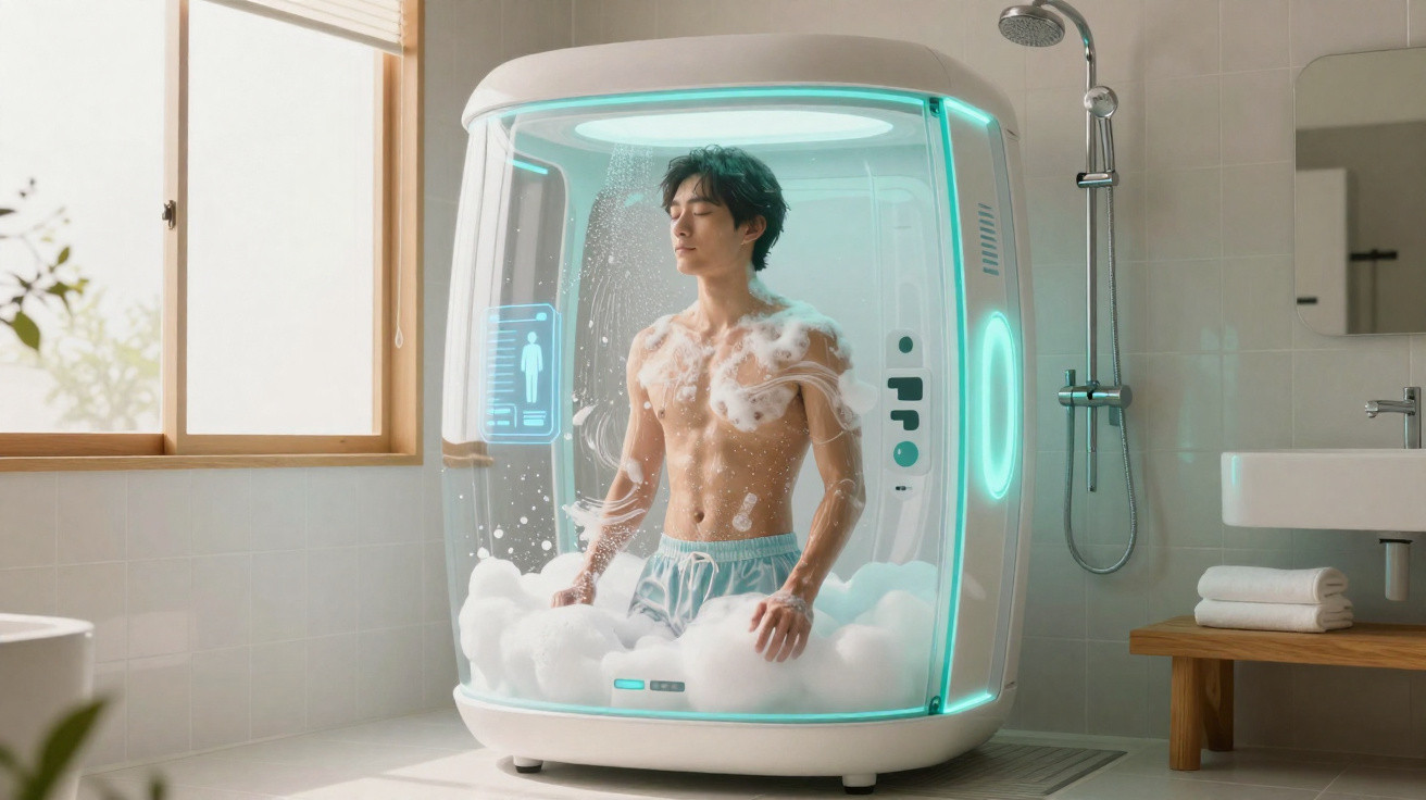 Homem num chuveiro futurista com espuma, num ambiente de casa-de-banho moderna e iluminada.