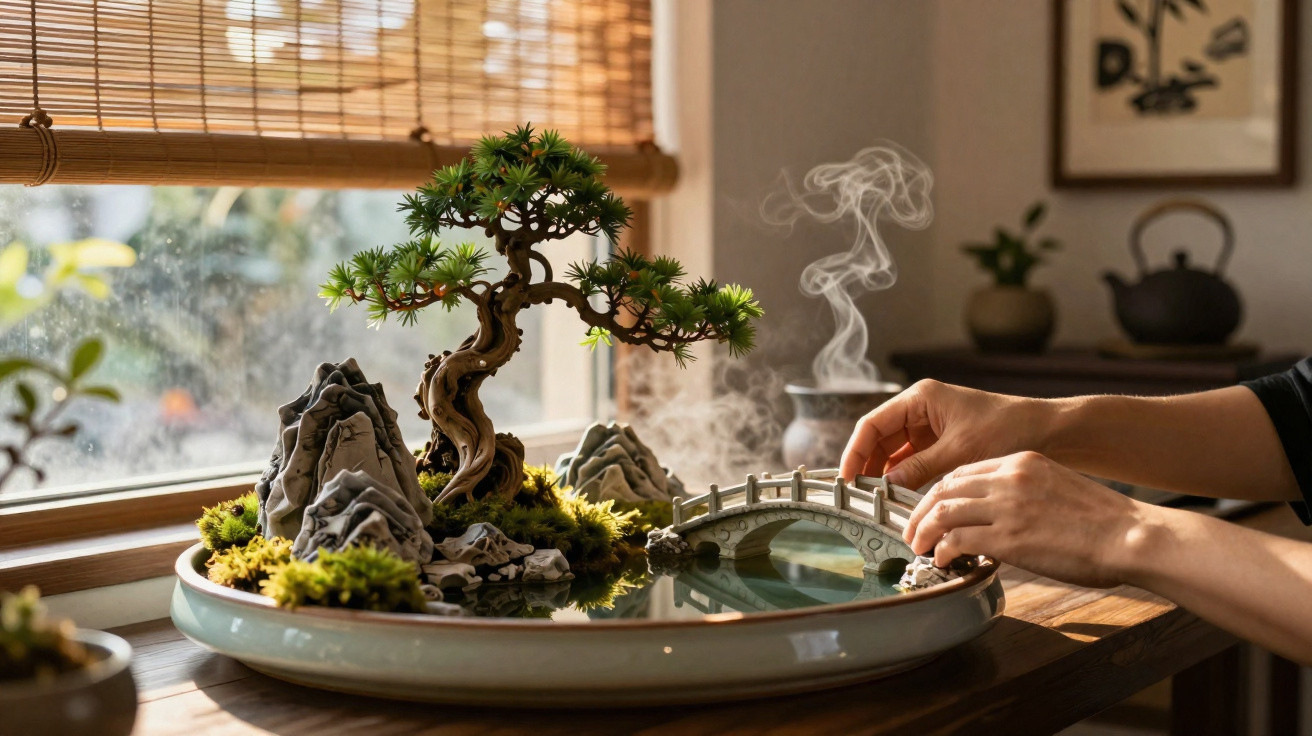 Mãos a arranjar um mini jardim zen com bonsai, pedras, ponte e incenso fumegante perto da janela ensolarada.