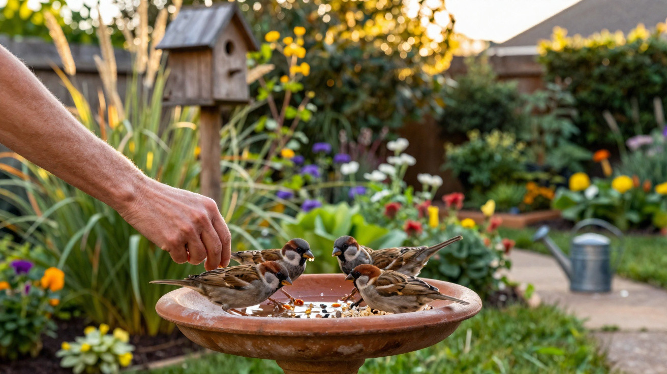 Mão a alimentar pardais numa bacia de água num jardim com flores e regador em fundo desfocado.