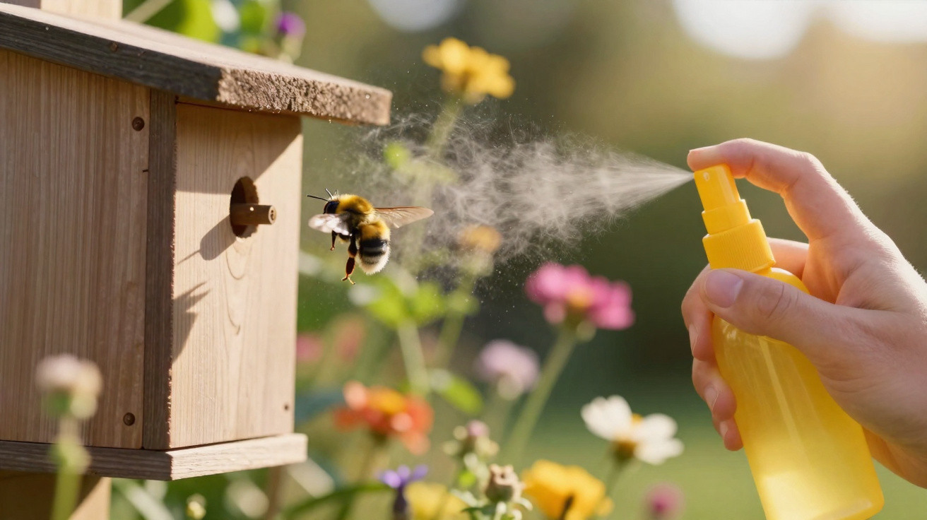 Mão a borrifar spray numa abelha que voa perto de uma casinha de madeira rodeada de flores coloridas.
