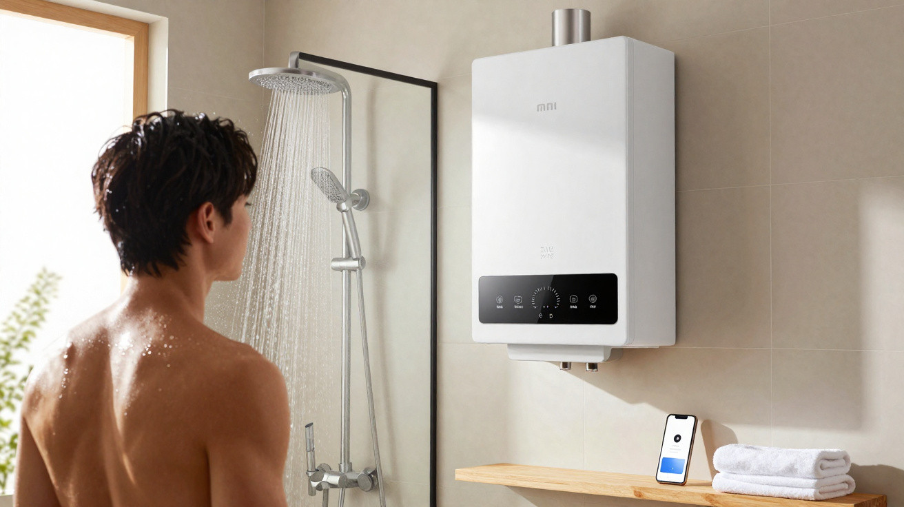 Homem toma banho com chuveiro moderno ao lado de aquecedor de água digital instalado na parede.