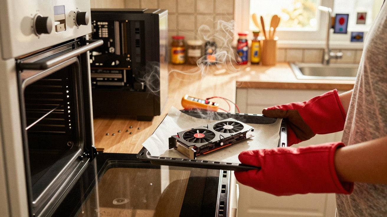 Pessoa a retirar placa gráfica a fumegar do forno usando luvas vermelhas de cozinha.