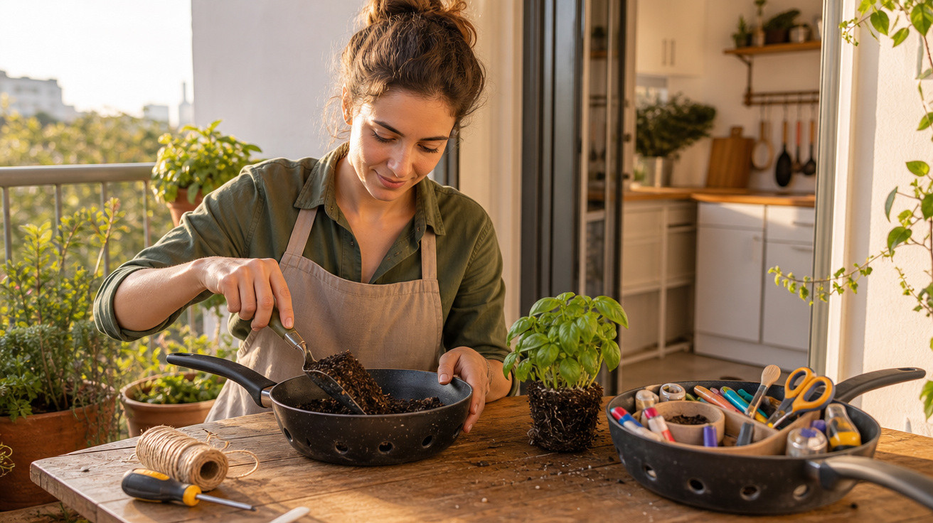 Mulher a transplantar planta para uma panela numa varanda com ferramentas de jardinagem numa mesa de madeira.