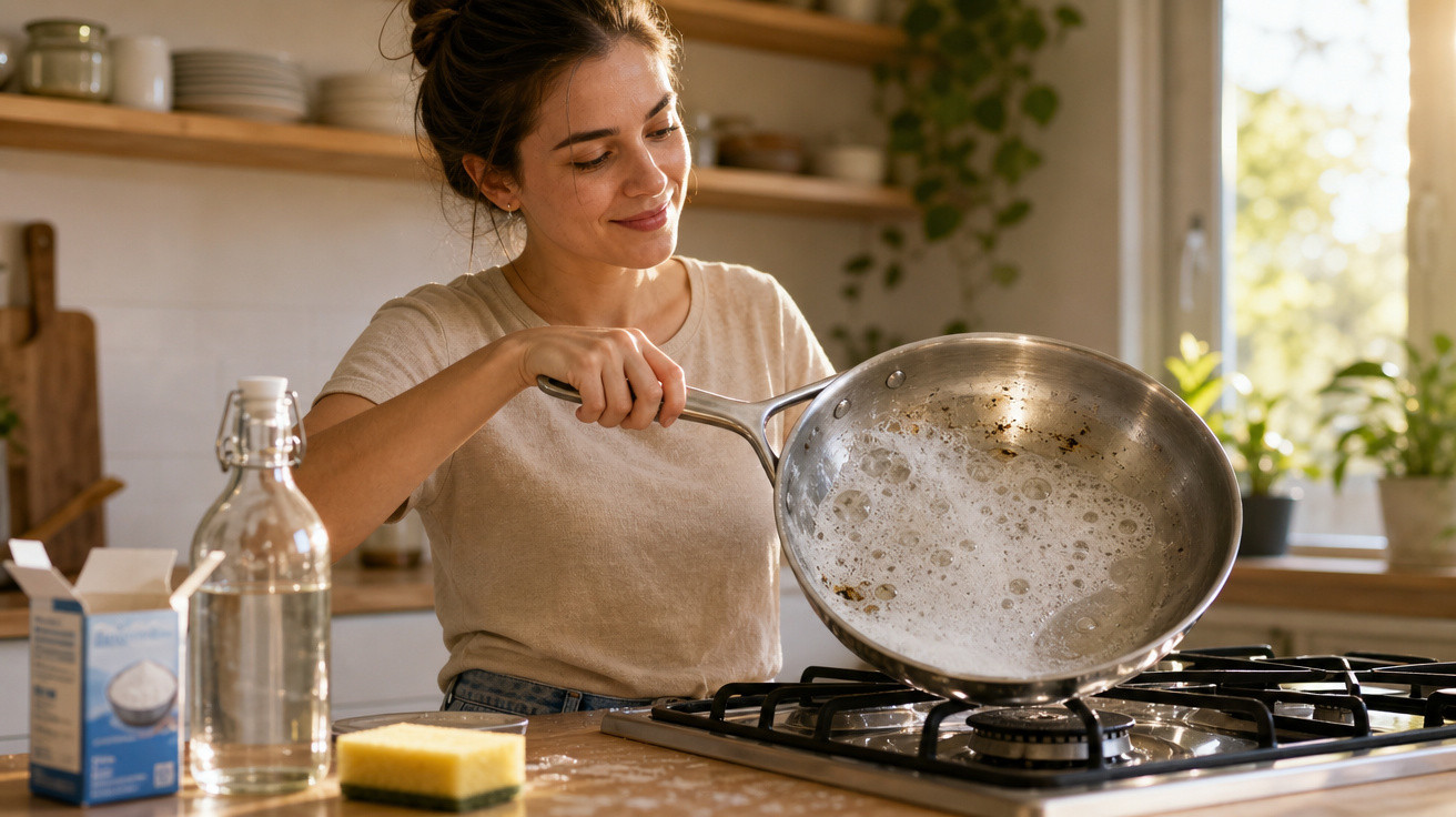 Mulher a lavar uma frigideira com espuma no fogão numa cozinha iluminada e acolhedora.