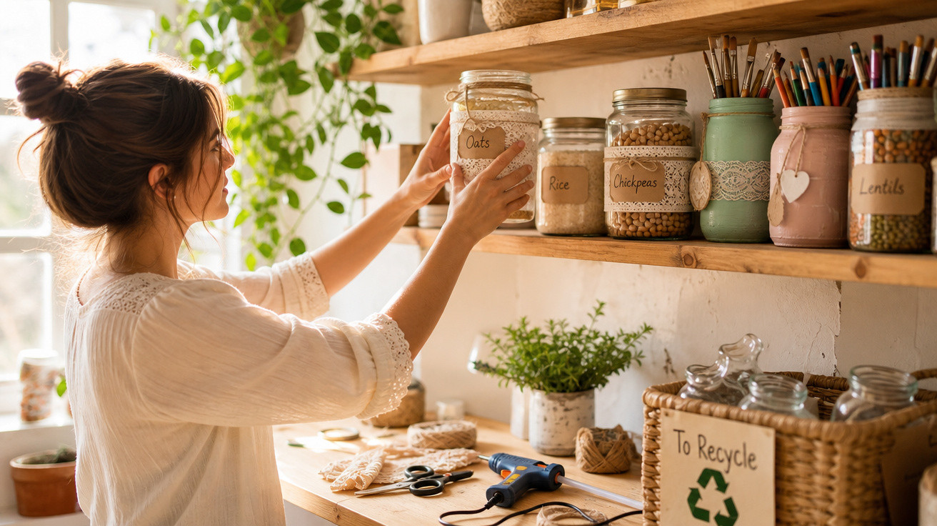 Mulher a organizar frascos etiquetados numa prateleira de cozinha luminosa e decorada com plantas e materiais de artesanato.