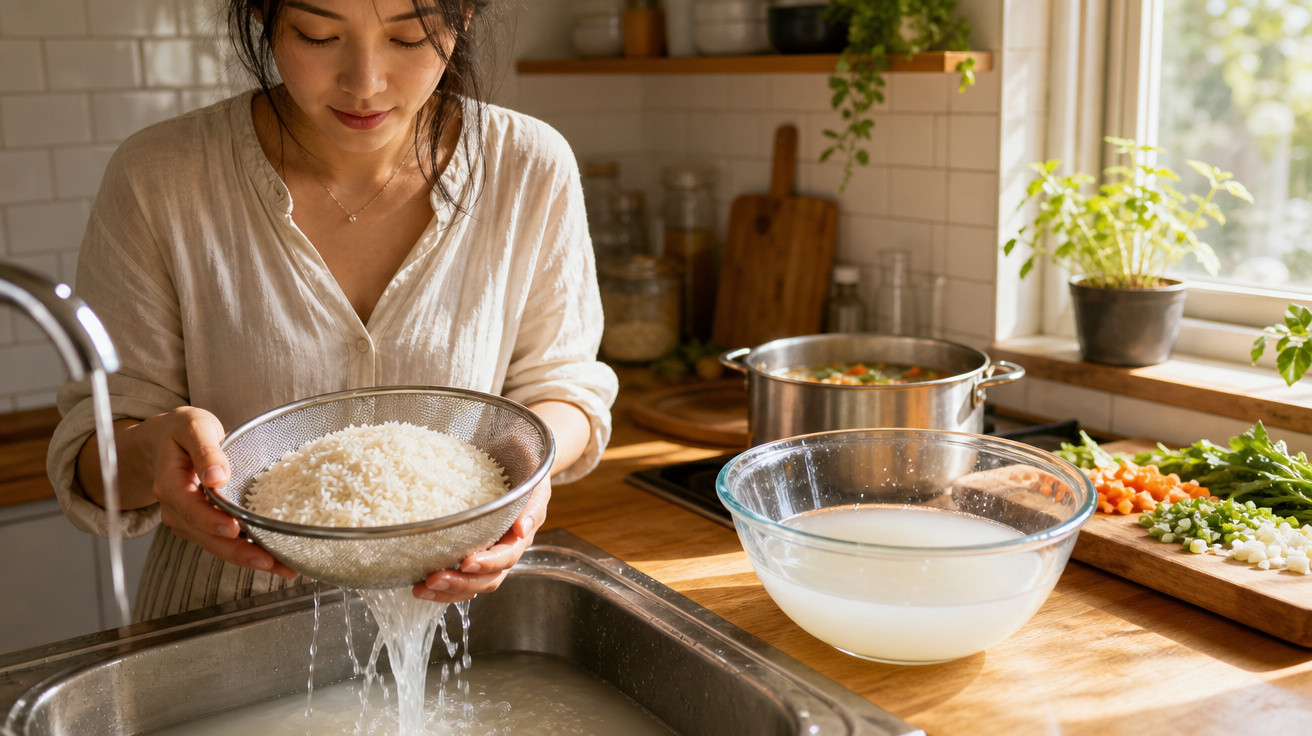 Mulher a lavar arroz numa peneira junto a uma pia numa cozinha luminosa e acolhedora.