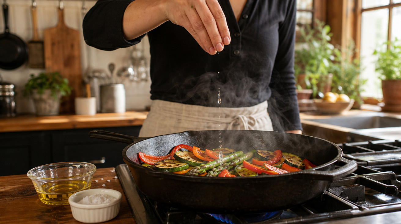 Pessoa tempera legumes variados numa frigideira com azeite e sal numa cozinha acolhedora.