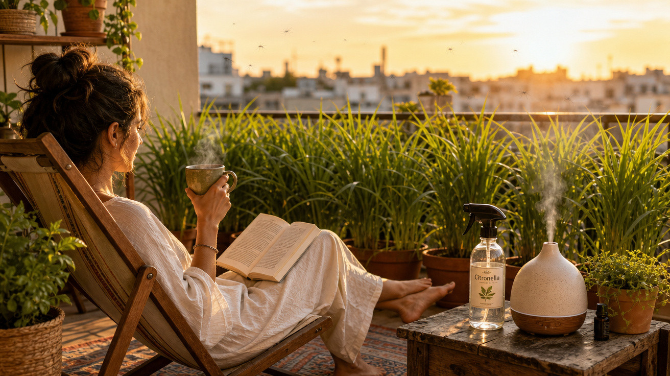 Mulher relaxa numa cadeira de madeira numa varanda, onde lê um livro e bebe chá ao pôr do sol.