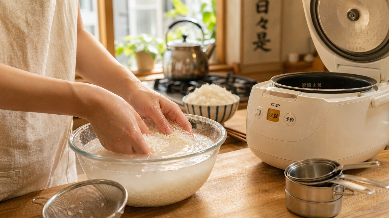 Pessoa a lavar arroz numa taça de vidro numa cozinha com panela de arroz, tigela de arroz cozido e utensílios metálicos.