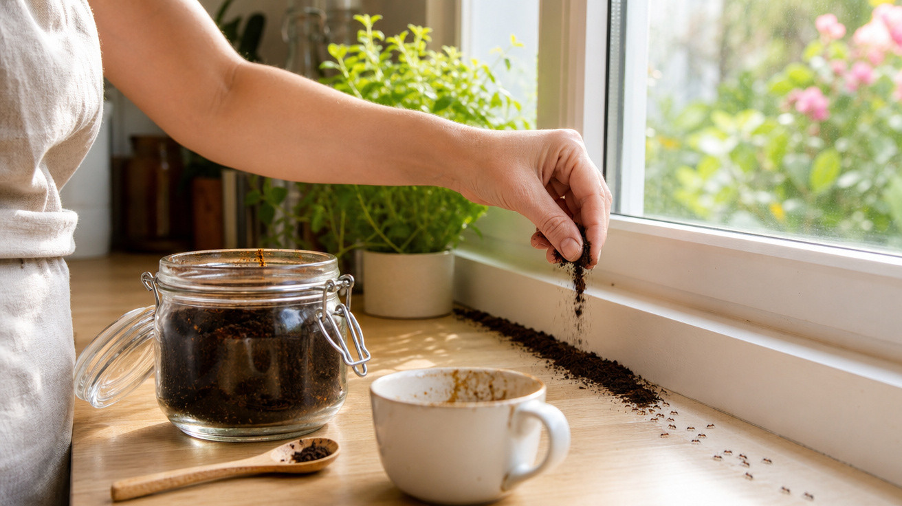 Mão a espalhar borra de café sobre o peitoril da janela, com jarro, colher e chávena numa bancada.