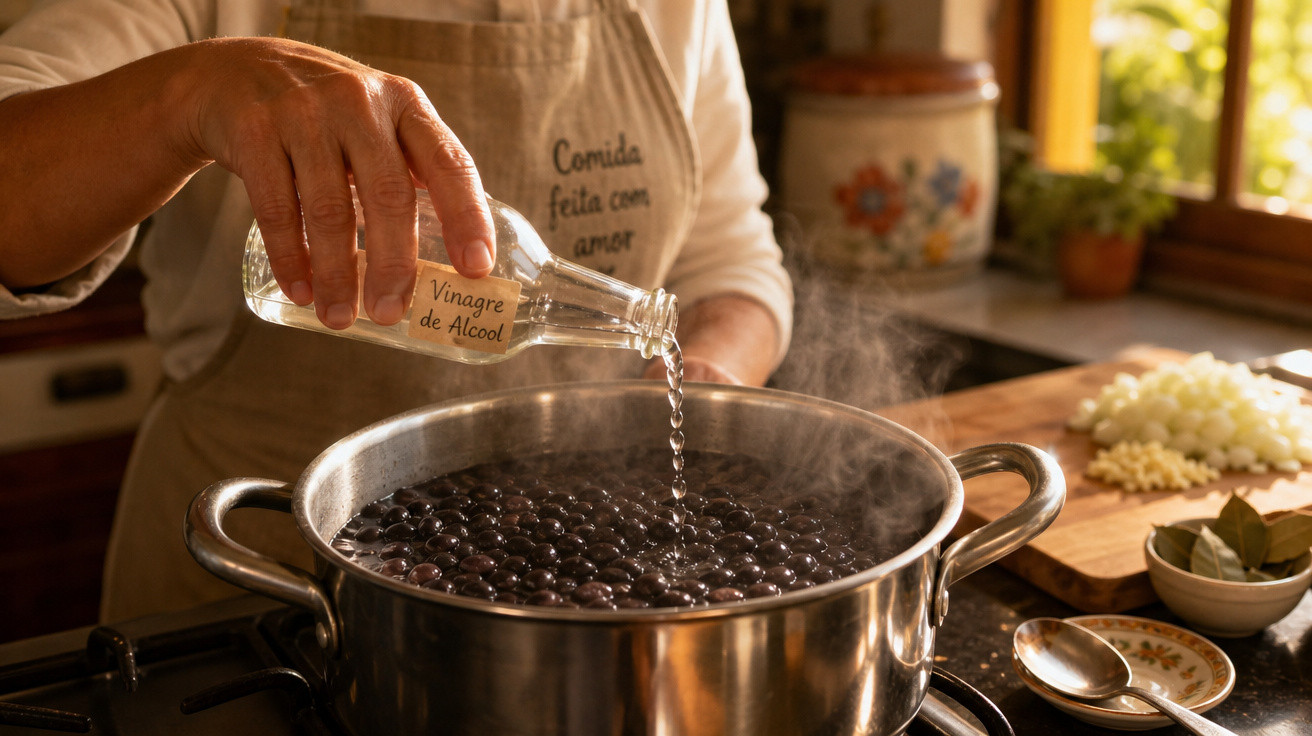 Pessoa a verter vinagre de álcool numa panela com feijão a cozinhar numa cozinha tradicional.