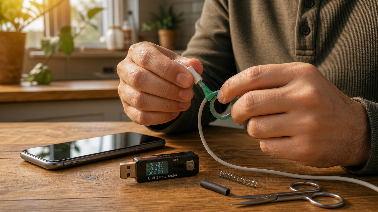 Mãos a enrolar fita isolante em cabo USB numa mesa com tesoura, molas, um telemóvel e um testador USB.