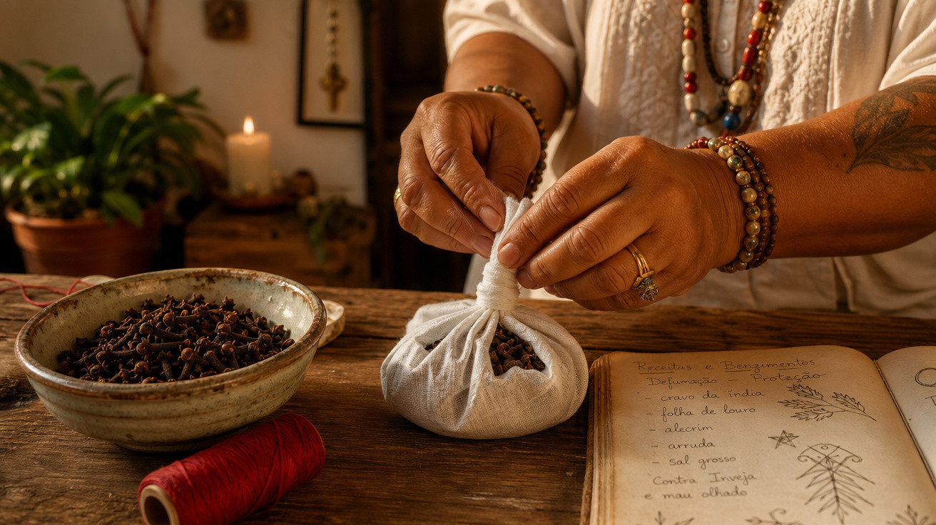Mãos a preparar um saquinho com cravinho ao lado de um caderno de receitas e temperos numa mesa de madeira.