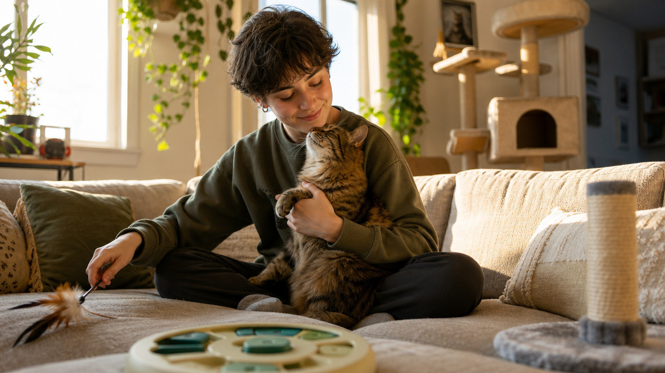 Pessoa sentada no sofá a brincar e abraçar um gato num ambiente iluminado e com arranhador para gatos.