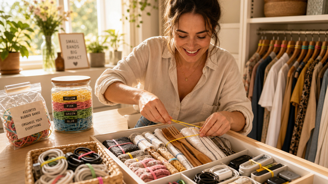 Mulher sorridente a organizar roupas e acessórios com elásticos num armário bem iluminado.