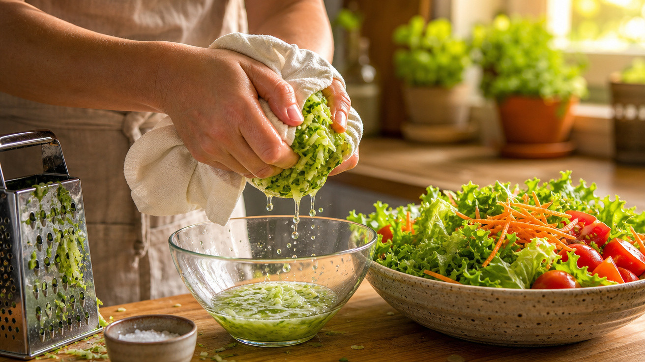 Pessoa a espremer legumes ralados numa taça, com uma salada fresca ao lado numa cozinha iluminada.