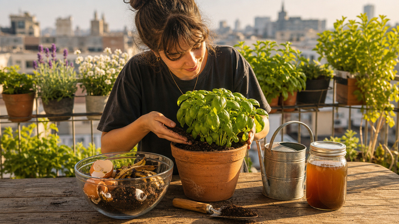 Mulher cuida de manjericão num vaso numa varanda com plantas e utensílios de jardinagem ao pôr do sol.