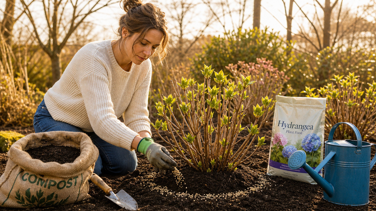 Mulher a cuidar de hortênsias no jardim, espalhando fertilizante à volta das plantas ao pôr do sol.