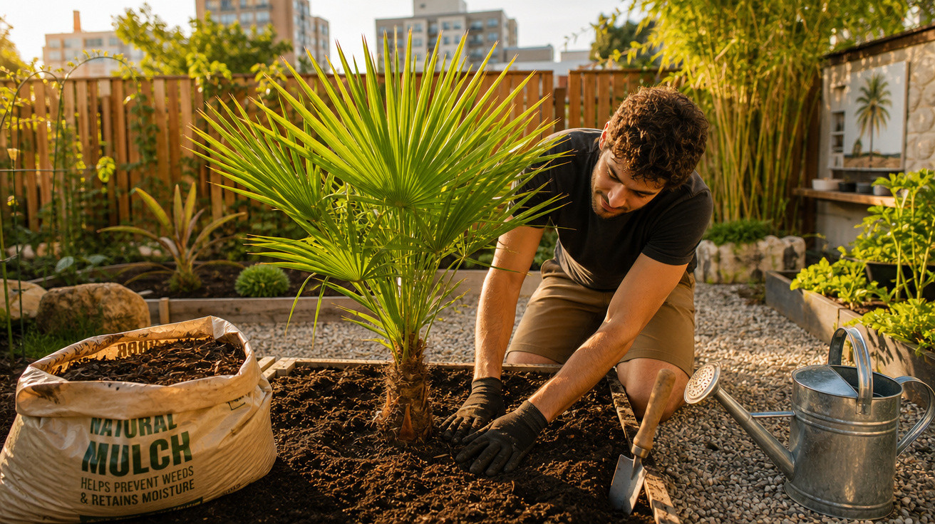 Homem a plantar uma palmeira num canteiro de jardim urbano com regador e saco de cobertura vegetal.