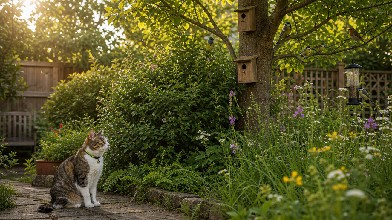 Gato sentado num jardim junto a arbustos, flores, duas casas de pássaros numa árvore e um comedouro pendurado.