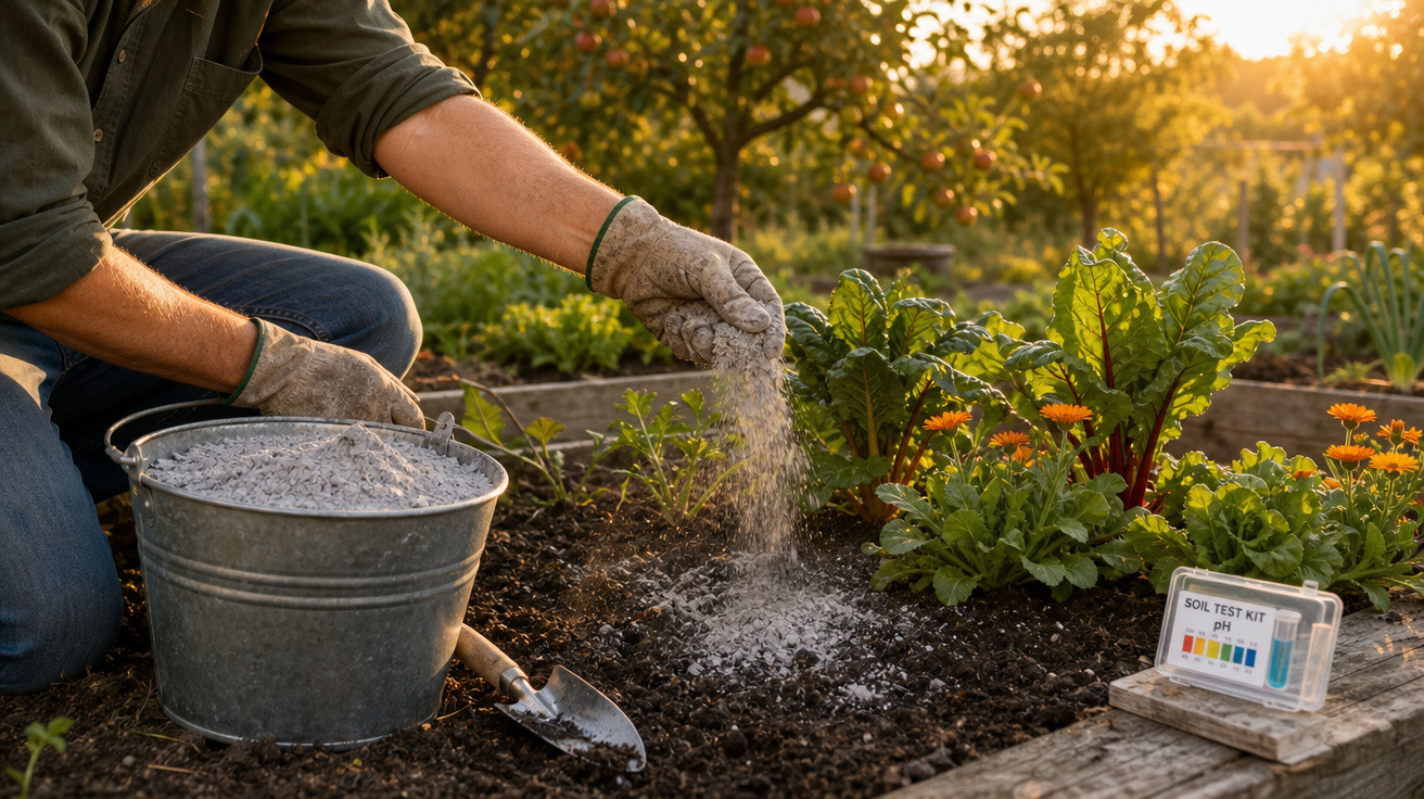 Pessoa a aplicar fertilizante em canteiro de legumes e flores num jardim ao entardecer.