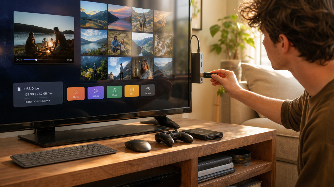 Pessoa a ligar pen USB numa televisão para ver fotos e vídeos de paisagens e pessoas.