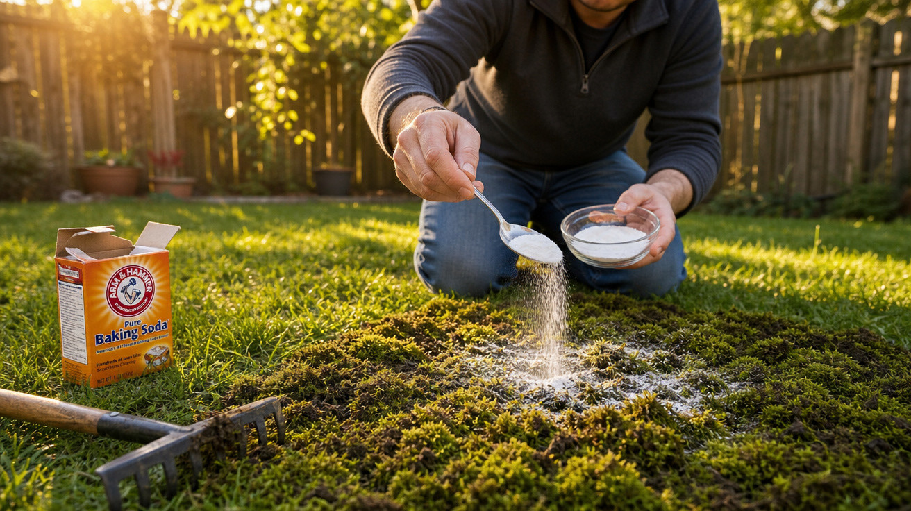 Pessoa a espalhar bicarbonato de sódio sobre musgo num jardim ensolarado com uma forceta ao lado.