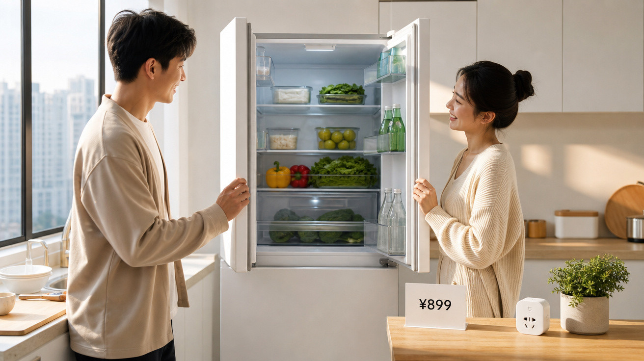 Casal jovem sorridente a abrir frigorífico moderno numa cozinha luminosa e organizada.