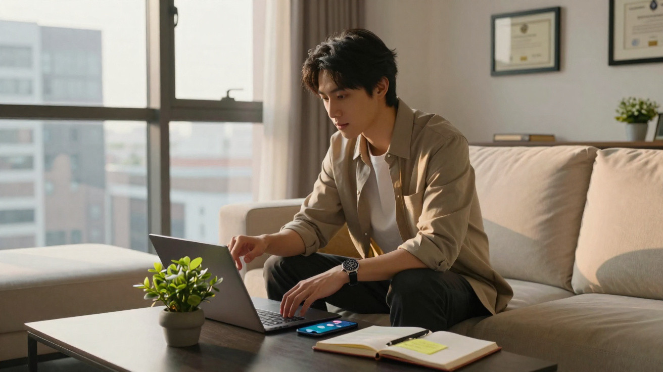 Homem jovem sentado no sofá a usar um computador portátil numa sala iluminada e confortável.