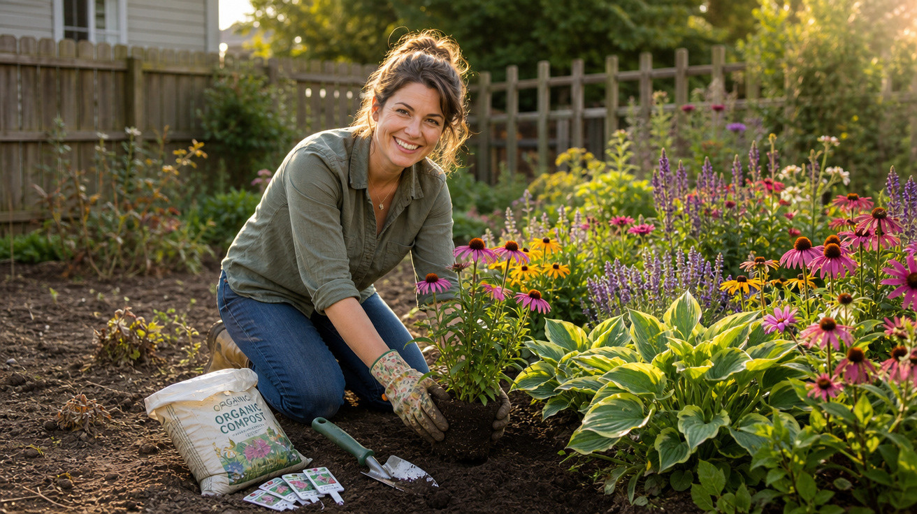 Mulher sorridente a plantar flores num jardim com luvas e ferramentas de jardinagem ao lado.