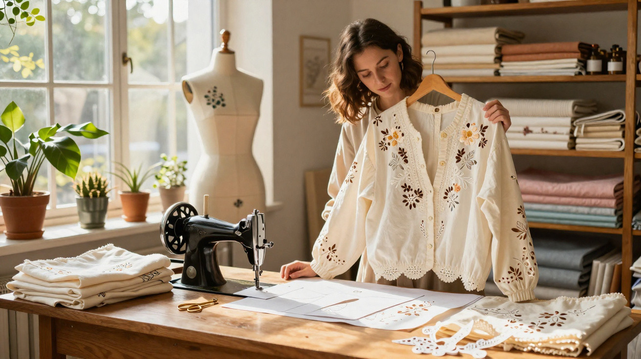 Mulher segurando blusa branca bordada num ateliê com mesa, máquina de costura e tecidos.