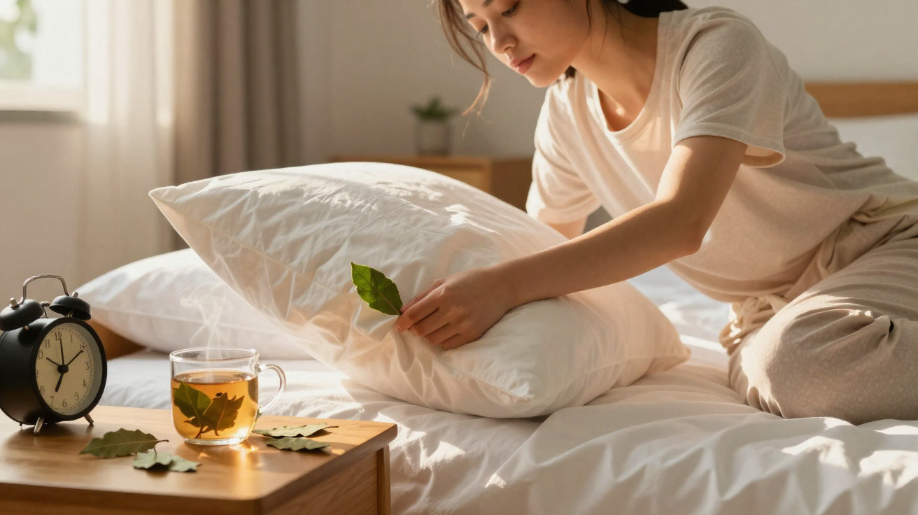 Mulher a colocar folhas numa almofada branca numa cama, ao lado de um relógio e chá com folhas numa mesa de cabeceira.