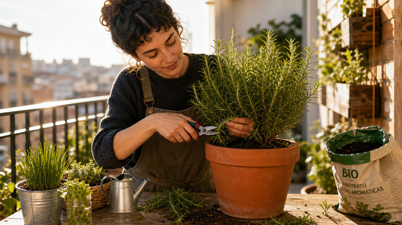 Mulher a podar planta aromática num terraço com utensílios de jardinagem ao redor.