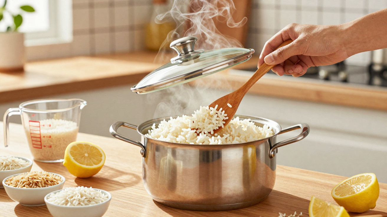 Panela de aço inox com arroz quente e vapor, ao lado de limões cortados e tigelas com arroz cru numa cozinha.