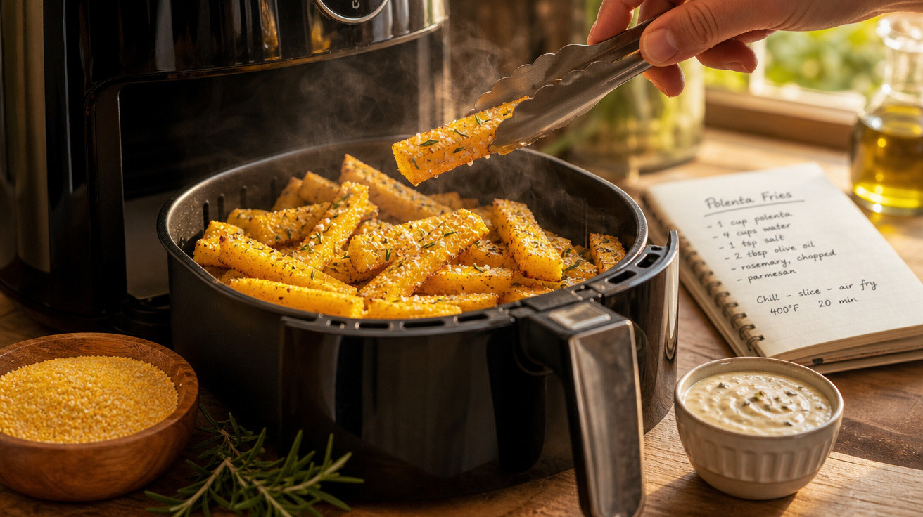 Batatas fritas de polenta temperadas numa fritadeira elétrica com molho e receita escrita num caderno ao lado.