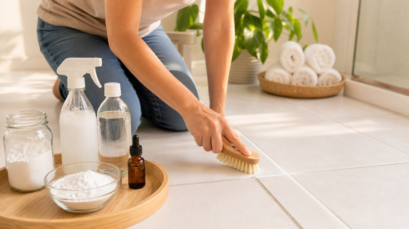 Pessoa a limpar azulejos do chão com escova, rodeada de produtos ecológicos de limpeza.
