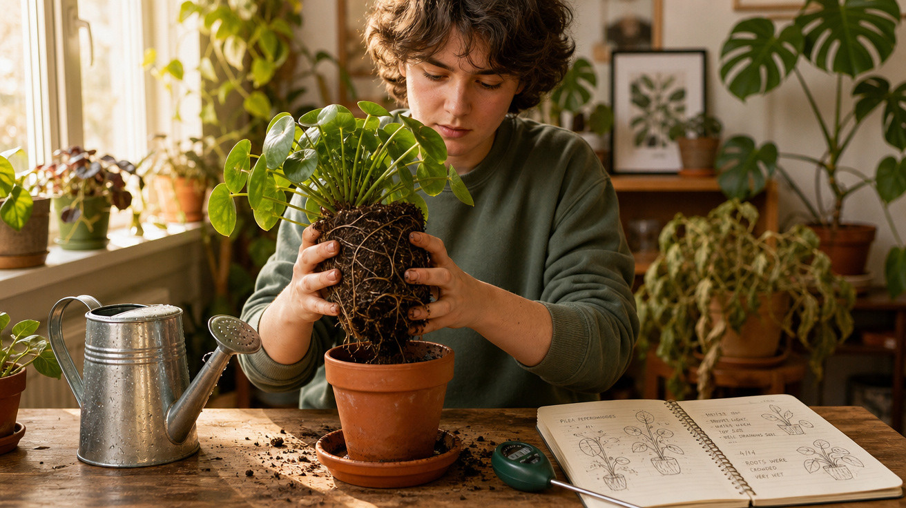 Pessoa a transplantar planta para vaso de barro numa mesa com regador e caderno de plantas aberto.
