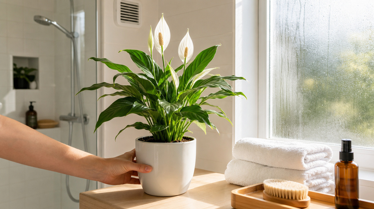 Mão a colocar planta com folhas verdes e flores brancas em vaso branco numa casa-de-banho iluminada.