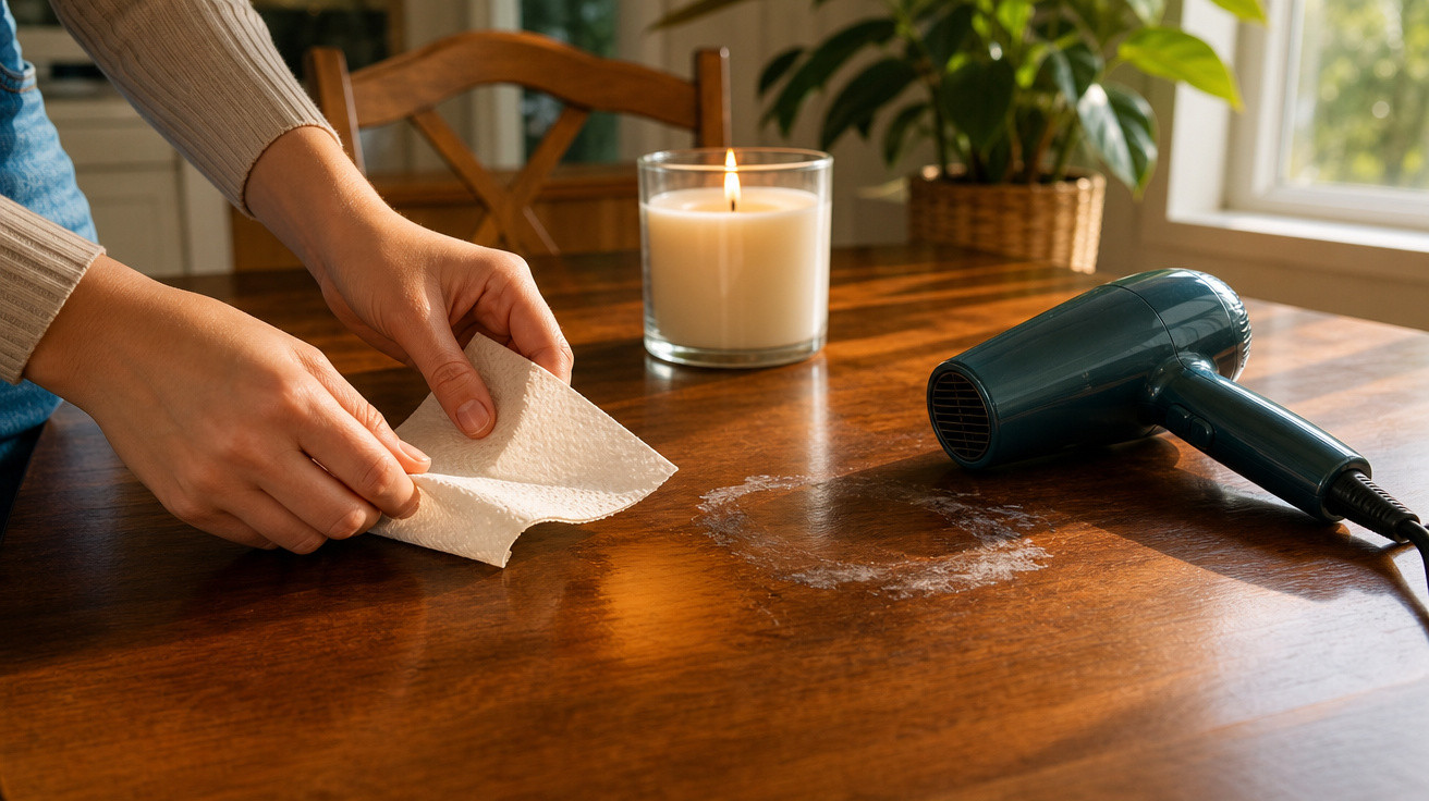 Pessoa a limpar uma marca de água numa mesa de madeira com papel e secador de cabelo ligado.