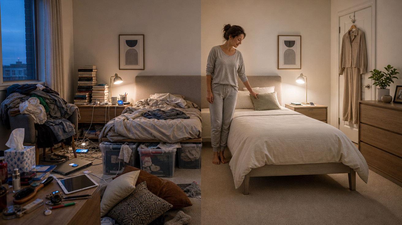 Mulher organiza cama num quarto com uma cama arrumada e outra desarrumada, luzes de cabeceira acesas.