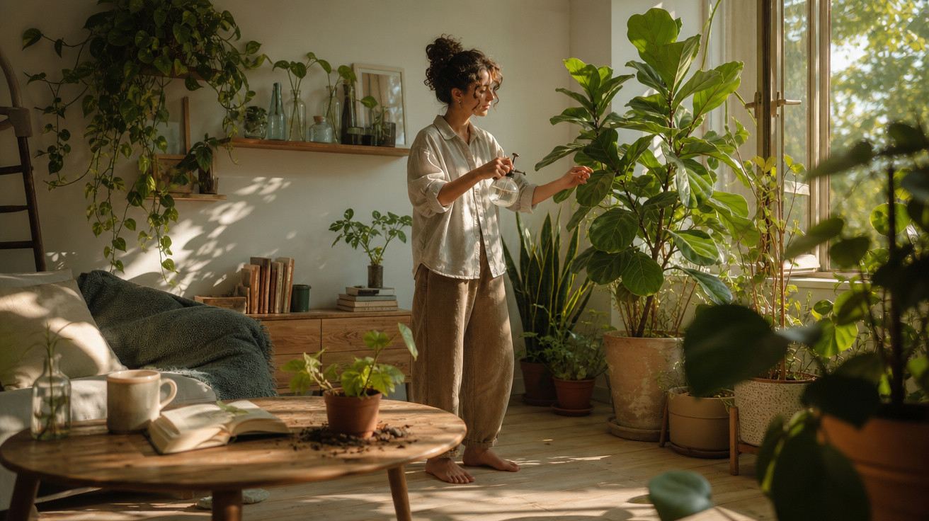 Mulher a cuidar de plantas num interior iluminado por luz natural ao lado de uma janela grande.