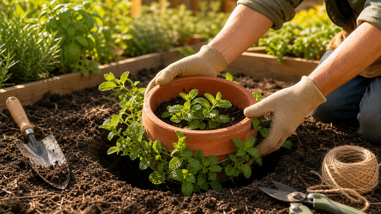 Pessoa a cuidar de planta em vaso de barro num jardim, com ferramentas de jardinagem ao lado.