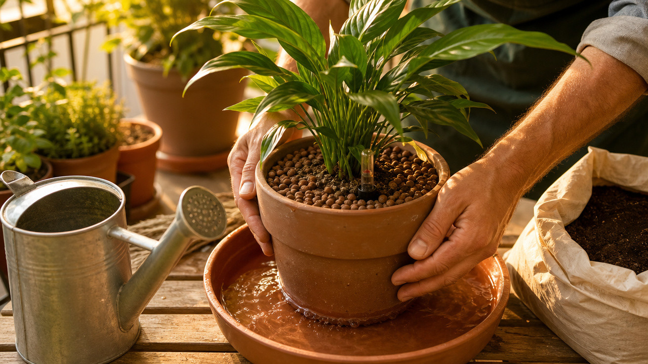 Mãos colocam vaso com planta em prato com água para rega por imersão, ao lado de regador e saco de terra.