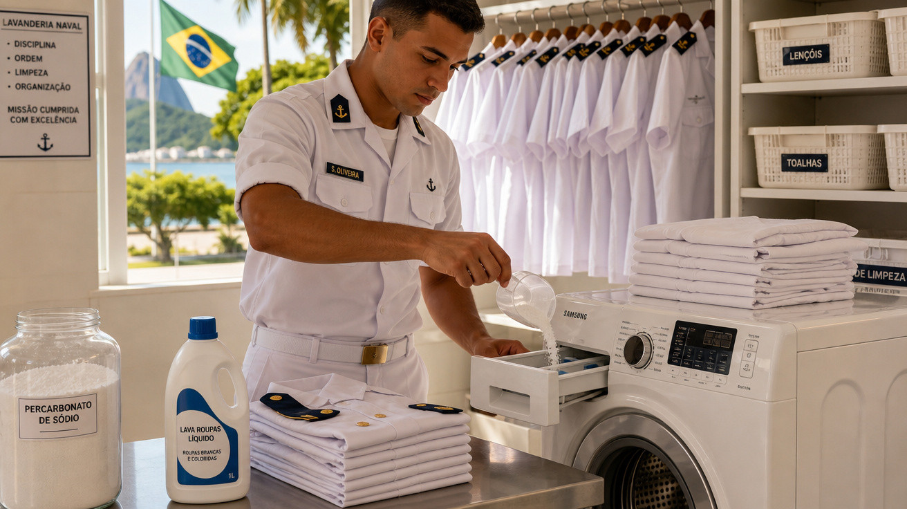 Militar naval a colocar sabão em pó numa máquina de lavar, ao lado de fardas limpas empilhadas e uma bandeira do Brasil.