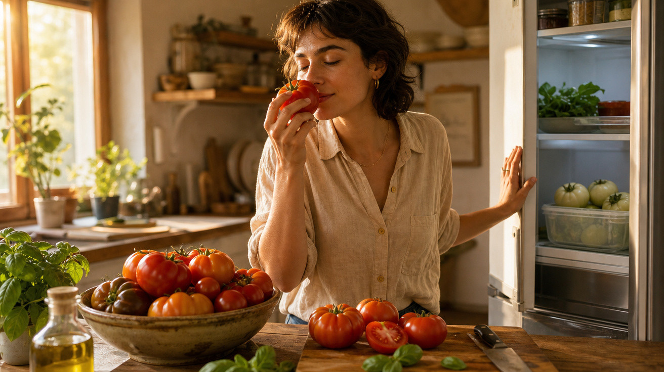 Mulher cheira um tomate fresco na cozinha, com um cesto cheio de tomates na bancada e frigorífico aberto.