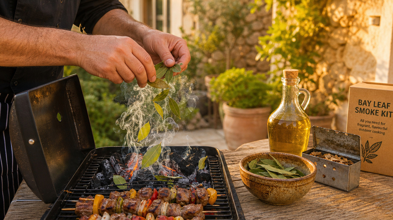 Mãos a colocar folhas de louro fumegantes num grelhador com espetadas de carne e legumes ao ar livre.