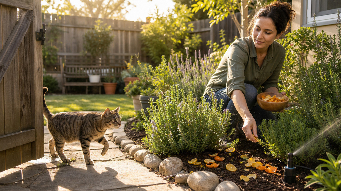 Mulher a cuidar do jardim com um gato a observar, num dia ensolarado.
